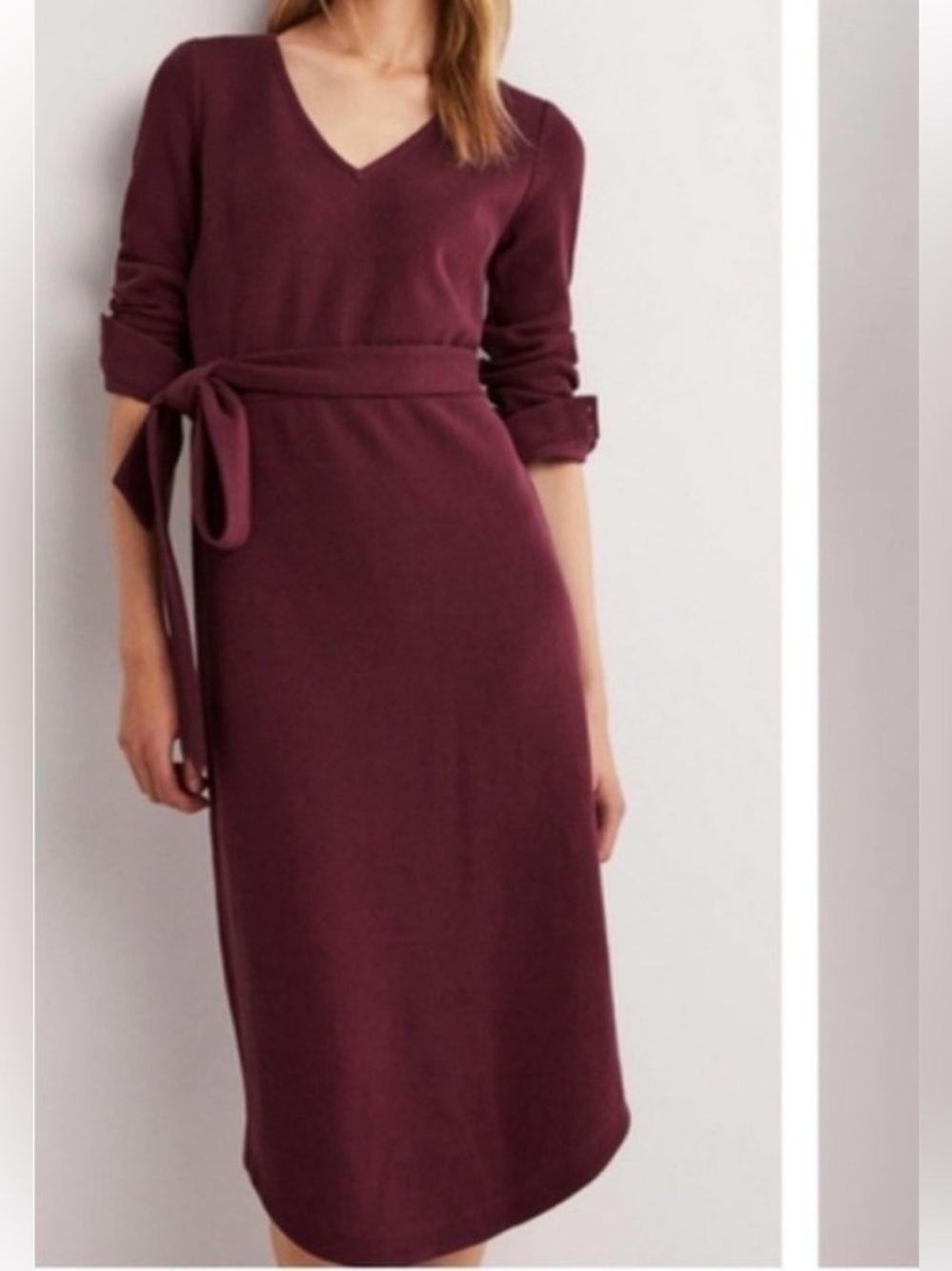 Boden Burgundy Midi Dress with Waist Tie